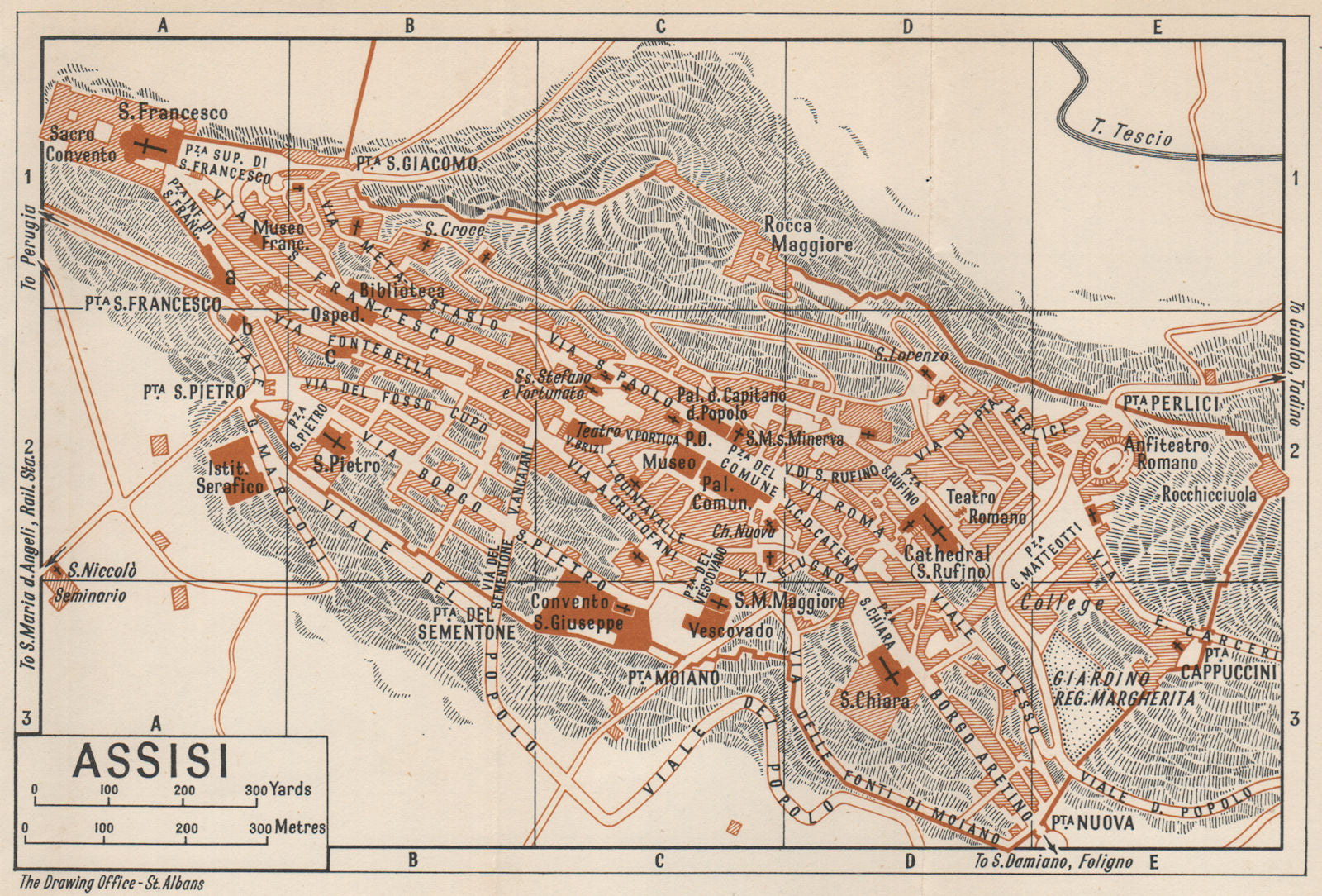 ASSISI. Vintage town city map plan. Pianta mappa città. Italy 1956 old